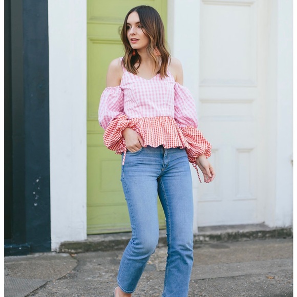 ASOS Tops | ASOS Pink Red Cold Shoulder Long Puffy Sleeves Vneck Peplum Blouse - Picture 3 of 3